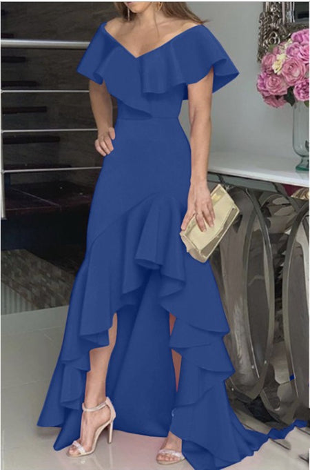 Temperament Sexy V-neck Irregular Solid Color Hem Ruffled Personality Design Ladies Dress - ANIBEY