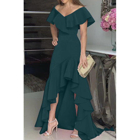 Temperament Sexy V-neck Irregular Solid Color Hem Ruffled Personality Design Ladies Dress - ANIBEY