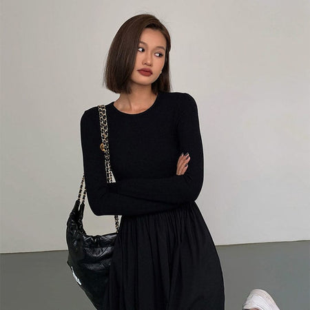 Women's Clothing Patchwork Round Neck Waist-tight All-matching Skirt - ANIBEY