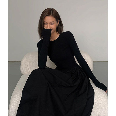 Women's Clothing Patchwork Round Neck Waist-tight All-matching Skirt - ANIBEY