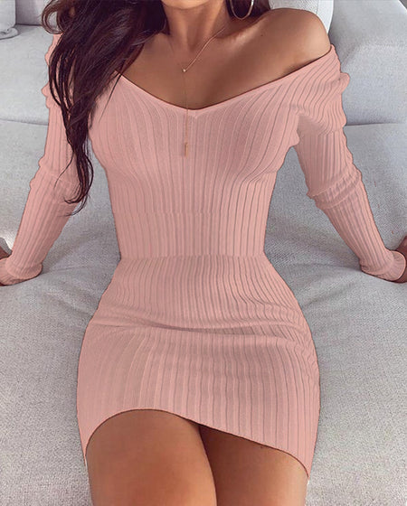 Women's Dress Temperament V Neck Solid Color Slim Long Sleeves - ANIBEY