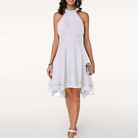 Women'S Fashion Sexy Solid Color Tailoring Layered Sleeveless Chiffon Party Evening Dress - ANIBEY