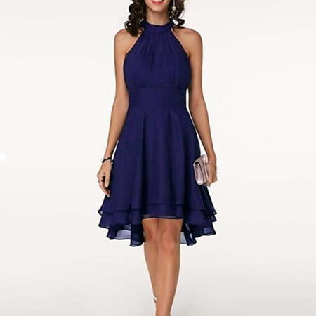 Women'S Fashion Sexy Solid Color Tailoring Layered Sleeveless Chiffon Party Evening Dress - ANIBEY