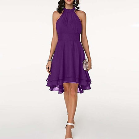 Women'S Fashion Sexy Solid Color Tailoring Layered Sleeveless Chiffon Party Evening Dress - ANIBEY