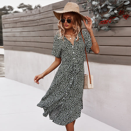 Women's Printed Dress Amazon Casual Holiday Style Sexy Big Swing Skirt - ANIBEY