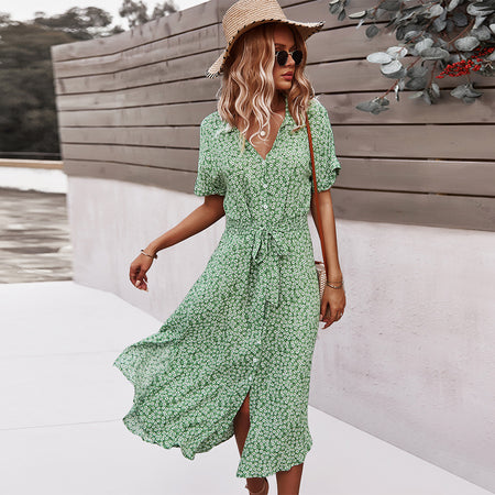 Women's Printed Dress Amazon Casual Holiday Style Sexy Big Swing Skirt - ANIBEY