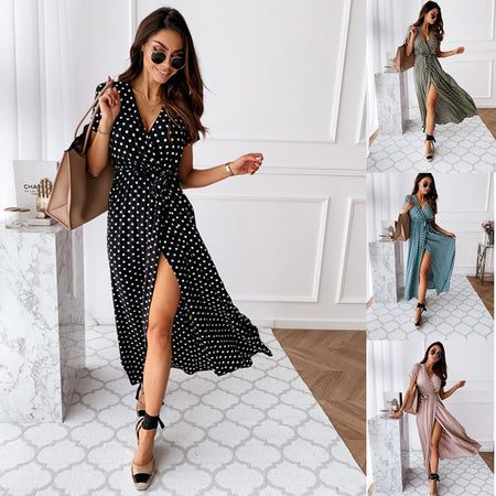 V-neck Bohemian Polka Dot Print Dress Long Skirt - ANIBEY