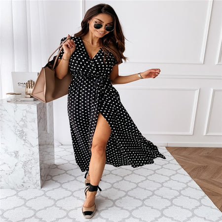 V-neck Bohemian Polka Dot Print Dress Long Skirt - ANIBEY
