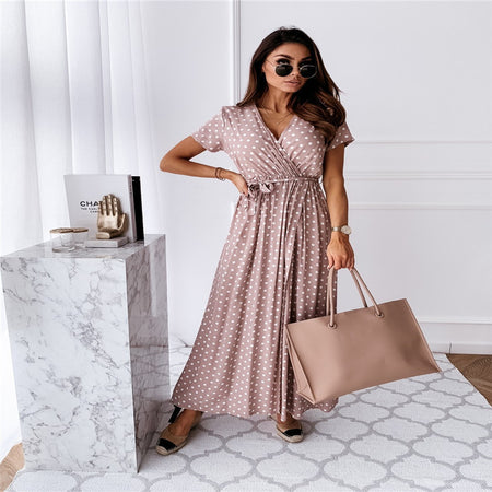V-neck Bohemian Polka Dot Print Dress Long Skirt - ANIBEY