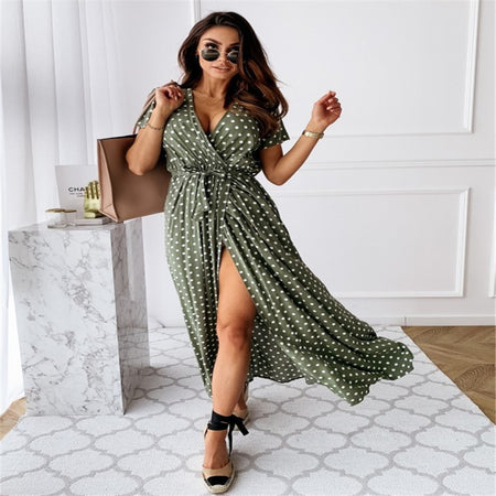 V-neck Bohemian Polka Dot Print Dress Long Skirt - ANIBEY