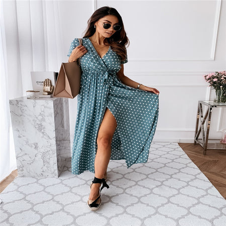 V-neck Bohemian Polka Dot Print Dress Long Skirt - ANIBEY