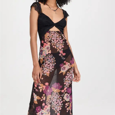 Gentle Lace Shoulder Strap Stitching Slit Length Dress - ANIBEY