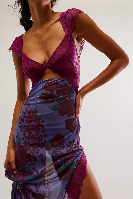 Gentle Lace Shoulder Strap Stitching Slit Length Dress - ANIBEY