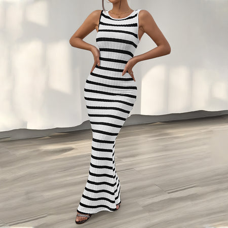 Women's Fashion Temperament Leisure Slim Striped Sleeveless Dress - ANIBEY