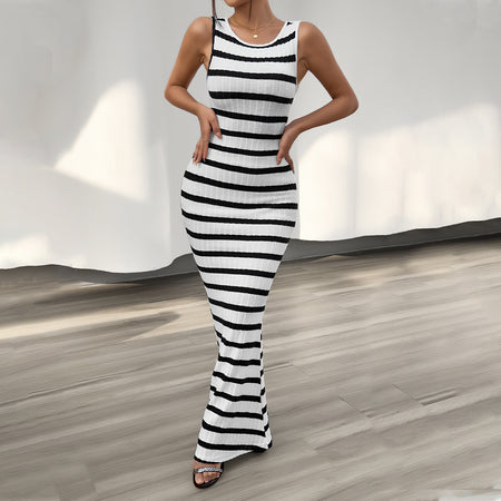 Women's Fashion Temperament Leisure Slim Striped Sleeveless Dress - ANIBEY