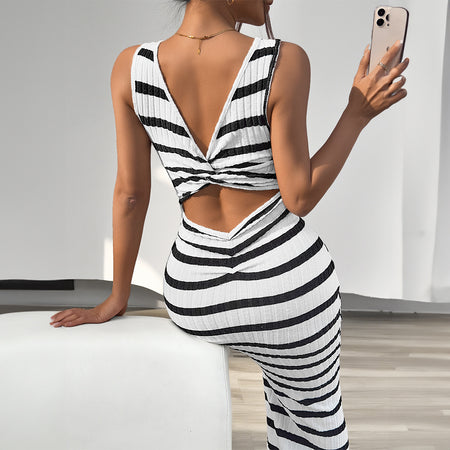 Women's Fashion Temperament Leisure Slim Striped Sleeveless Dress - ANIBEY