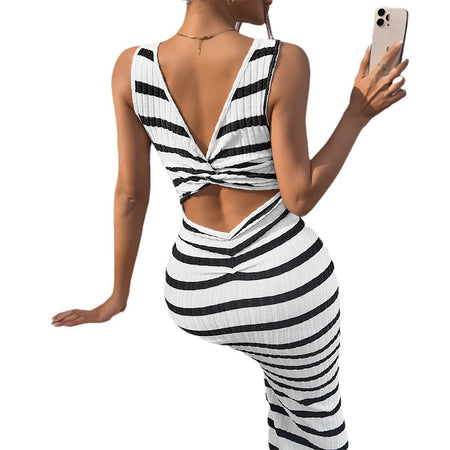 Women's Fashion Temperament Leisure Slim Striped Sleeveless Dress - ANIBEY
