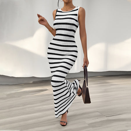 Women's Fashion Temperament Leisure Slim Striped Sleeveless Dress - ANIBEY