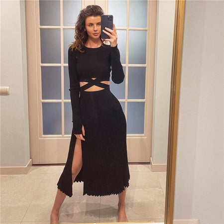 Slit Sweater Pleated Skirt And Tie Cardigan Set - ANIBEY