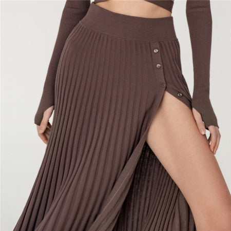 Slit Sweater Pleated Skirt And Tie Cardigan Set - ANIBEY