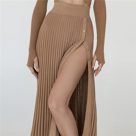 Slit Sweater Pleated Skirt And Tie Cardigan Set - ANIBEY
