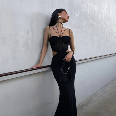 European And American Style Mesh Waist Cutout Sling Dress - ANIBEY