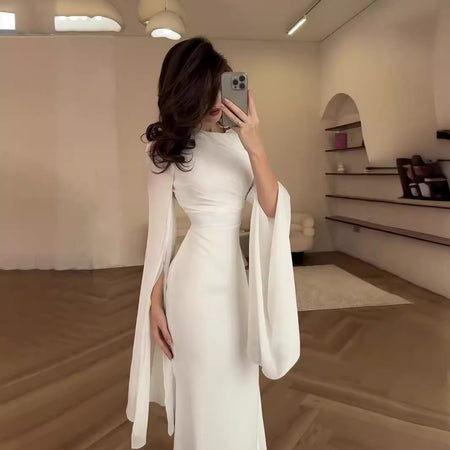 Glass Gauze Large Hem Sleeve Long Satin Slim Fit Dress - ANIBEY