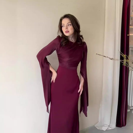 Glass Gauze Large Hem Sleeve Long Satin Slim Fit Dress - ANIBEY