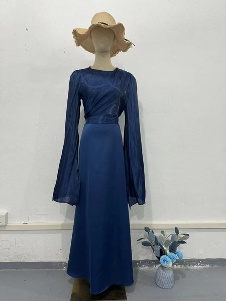 Glass Gauze Large Hem Sleeve Long Satin Slim Fit Dress - ANIBEY