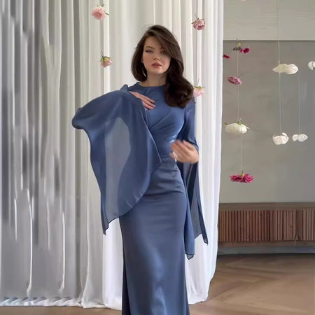 Glass Gauze Large Hem Sleeve Long Satin Slim Fit Dress - ANIBEY