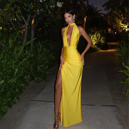 Halter Backless Long Pure Color Split Dress - ANIBEY