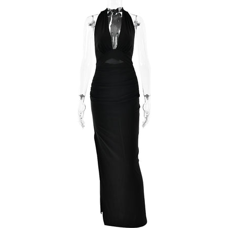 Halter Backless Long Pure Color Split Dress - ANIBEY