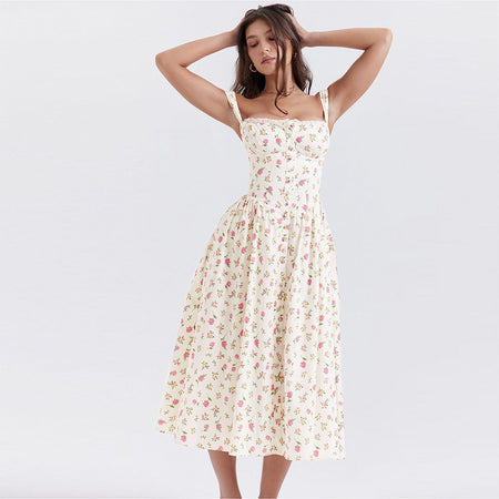 High Waist Temperament Floral Dress Female Button - ANIBEY