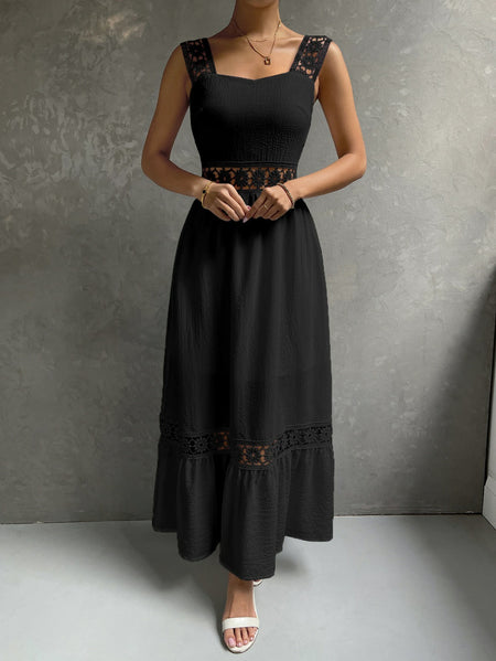 Hollow Lace Elegant Dress Sling Slim Fit Patchwork Solid Color Sleeveless - ANIBEY