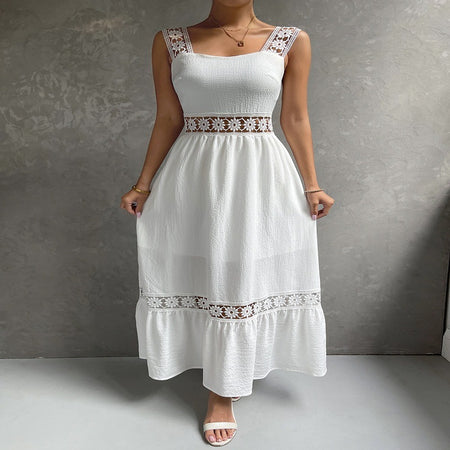 Hollow Lace Elegant Dress Sling Slim Fit Patchwork Solid Color Sleeveless - ANIBEY