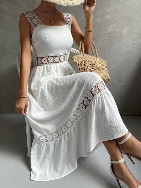 Hollow Lace Elegant Dress Sling Slim Fit Patchwork Solid Color Sleeveless - ANIBEY