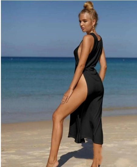 Lady Sexy Small Sunken Stripe One-piece Solid Color Beach Dress Bikini Swimsuit - ANIBEY