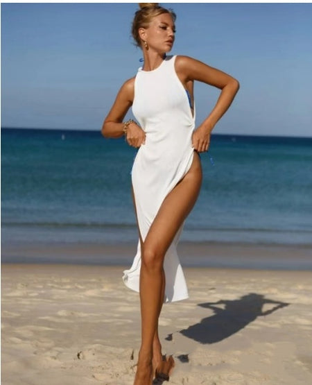 Lady Sexy Small Sunken Stripe One-piece Solid Color Beach Dress Bikini Swimsuit - ANIBEY