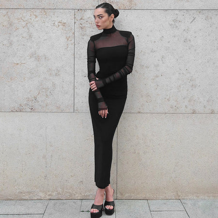 Mesh Stitching Finger Fit Design Long Sleeve Turtleneck Slim-fit Sheath Dress - ANIBEY