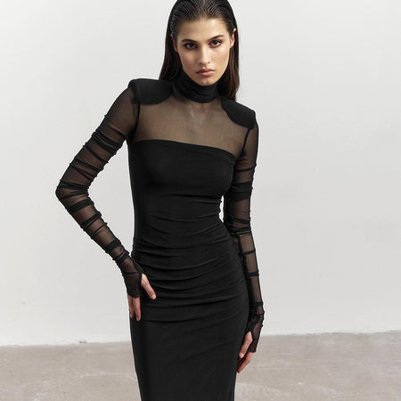 Mesh Stitching Finger Fit Design Long Sleeve Turtleneck Slim-fit Sheath Dress - ANIBEY