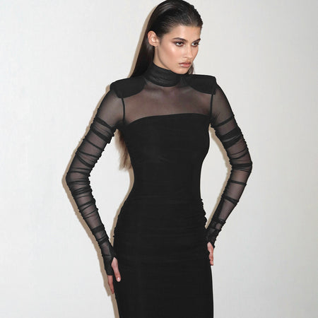 Mesh Stitching Finger Fit Design Long Sleeve Turtleneck Slim-fit Sheath Dress - ANIBEY