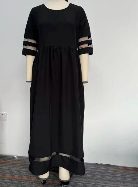 New Hot Sale Five-quarter Sleeve Mesh Patchwork Round Neck Pocket Dress - ANIBEY