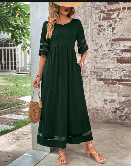 New Hot Sale Five-quarter Sleeve Mesh Patchwork Round Neck Pocket Dress - ANIBEY