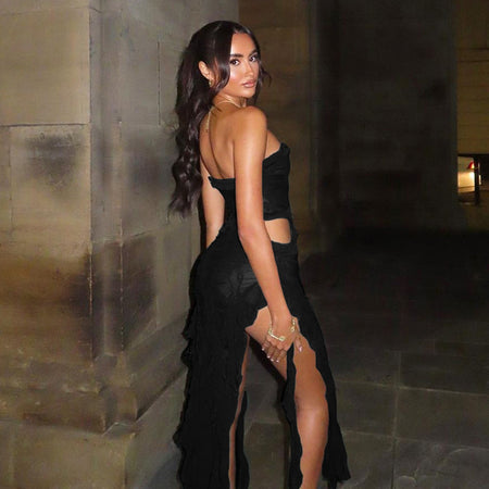 Off-shoulder Slim Fit Backless Fringed Sheath Dress - ANIBEY