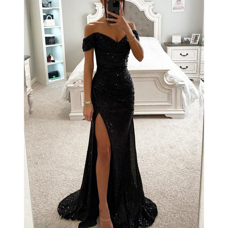 Party Sequins Off-neck Split Dress INS Casual Fashion Dress Women - ANIBEY