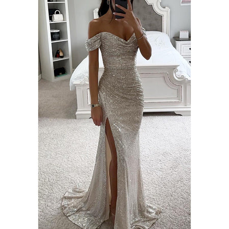 Party Sequins Off-neck Split Dress INS Casual Fashion Dress Women - ANIBEY