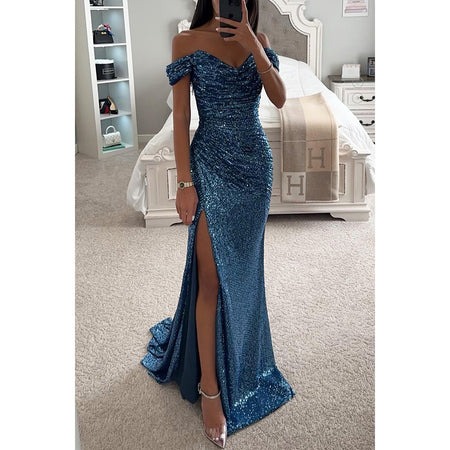 Party Sequins Off-neck Split Dress INS Casual Fashion Dress Women - ANIBEY