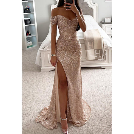 Party Sequins Off-neck Split Dress INS Casual Fashion Dress Women - ANIBEY
