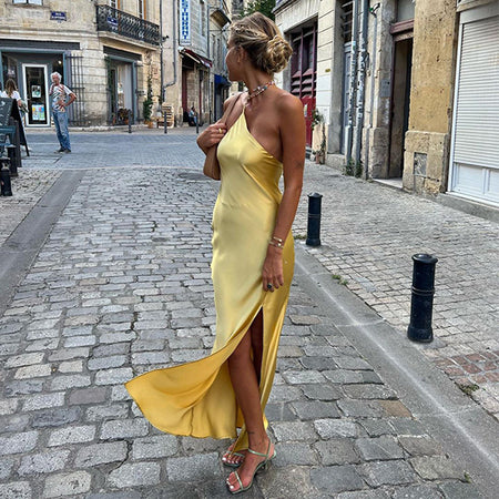 Slim-fit Shoulder Solid Color Backless Long Dress - ANIBEY