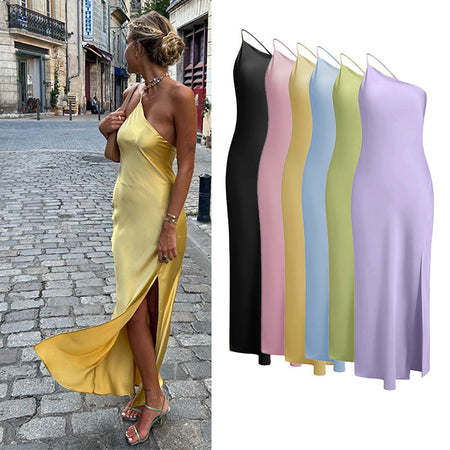 Slim-fit Shoulder Solid Color Backless Long Dress - ANIBEY